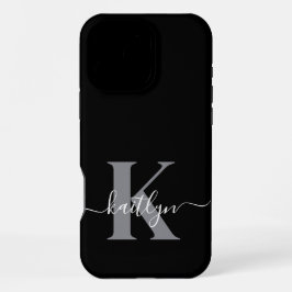 Moderne zwarte grijze script monogram iPhone 16 pro max hoesje