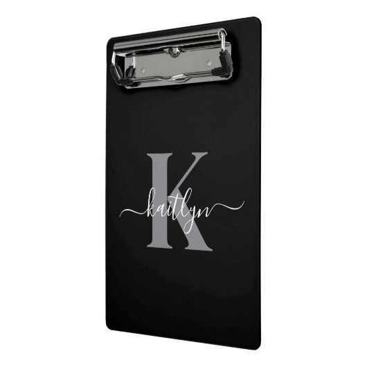 Moderne zwarte grijze script monogram mini klembord (Angled2)