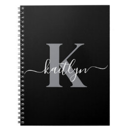 Moderne zwarte grijze script monogram notitieboek