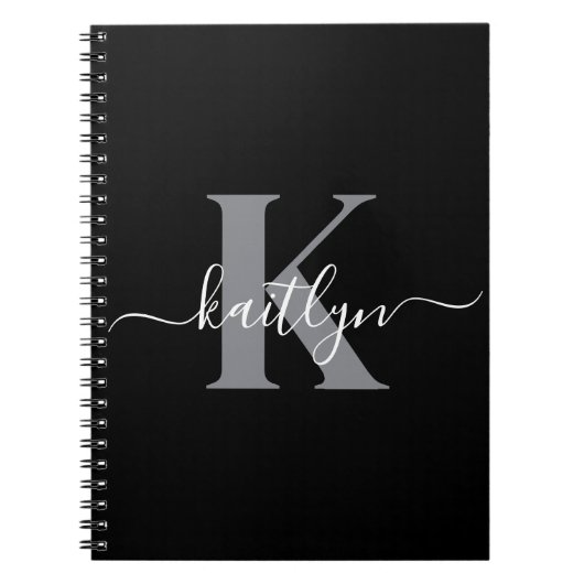Moderne zwarte grijze script monogram notitieboek (Voorkant)