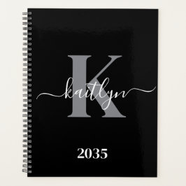 Moderne zwarte grijze script monogram planner