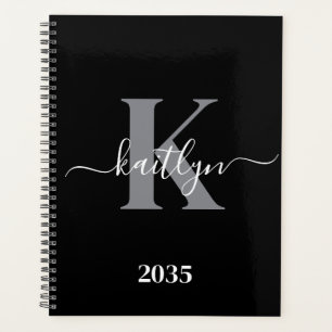 Moderne zwarte grijze script monogram planner