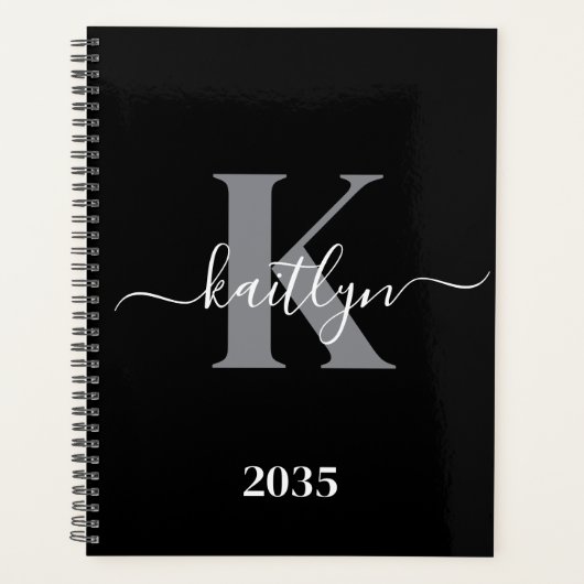 Moderne zwarte grijze script monogram planner (Voorkant)
