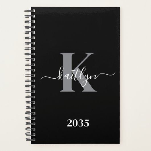 Moderne zwarte grijze script monogram planner (Voorkant)