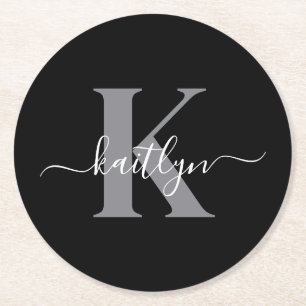 Moderne zwarte grijze script monogram ronde kartonnen onderzetter