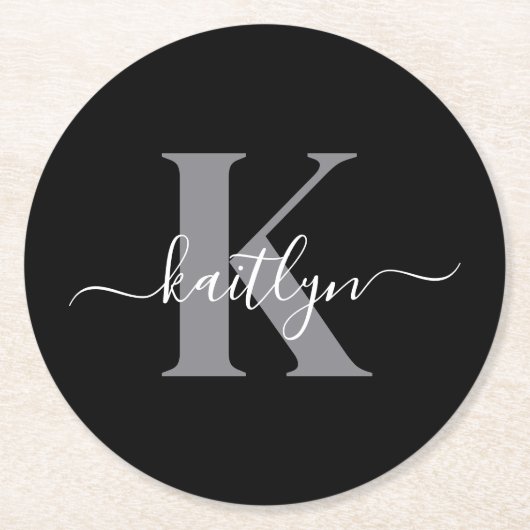 Moderne zwarte grijze script monogram ronde kartonnen onderzetter (Voorkant)