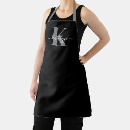 Moderne zwarte grijze script monogram schort
