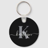 Moderne zwarte grijze script monogram sleutelhanger (Voorkant)
