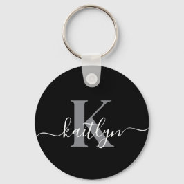 Moderne zwarte grijze script monogram sleutelhanger