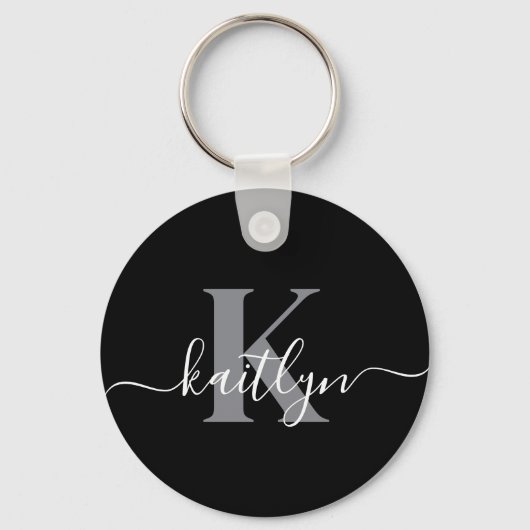 Moderne zwarte grijze script monogram sleutelhanger (Voorkant)