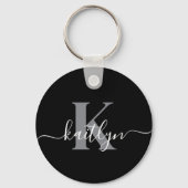 Moderne zwarte grijze script monogram sleutelhanger (Achterkant)