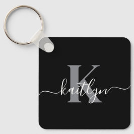 Moderne zwarte grijze script monogram sleutelhanger