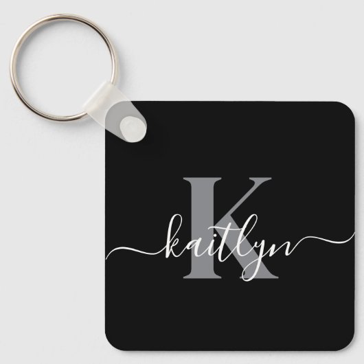 Moderne zwarte grijze script monogram sleutelhanger (Voorkant)