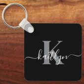 Moderne zwarte grijze script monogram sleutelhanger (Voorkant)