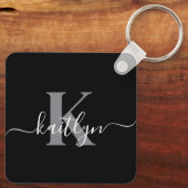 Moderne zwarte grijze script monogram sleutelhanger (Achterkant)