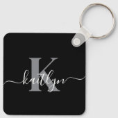Moderne zwarte grijze script monogram sleutelhanger (Achterkant)
