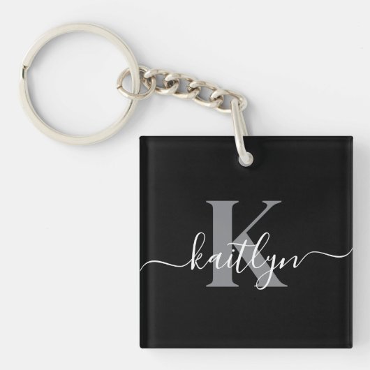 Moderne zwarte grijze script monogram sleutelhanger (Voorkant)