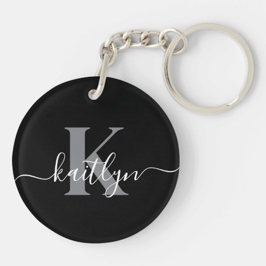 Moderne zwarte grijze script monogram sleutelhanger (Achterkant)