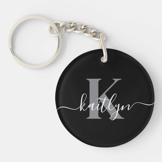 Moderne zwarte grijze script monogram sleutelhanger (Voorkant)
