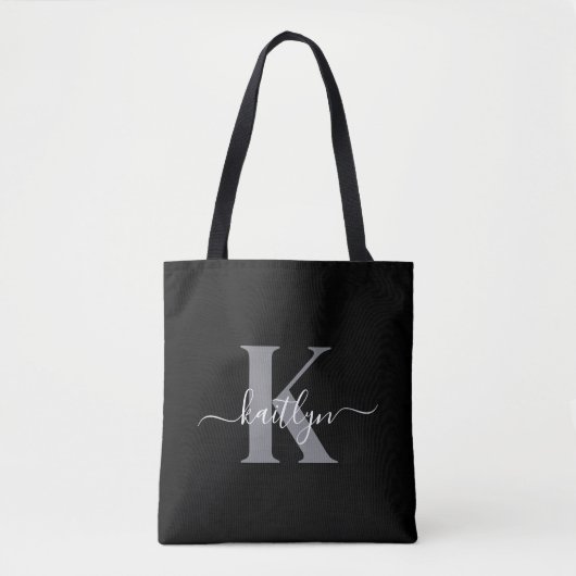 Moderne zwarte grijze script monogram tote bag (Voorkant)