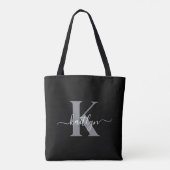 Moderne zwarte grijze script monogram tote bag (Achterkant)