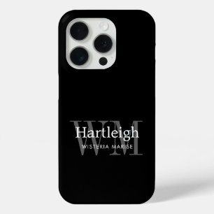 Moderne Zwarte Grijze Witte Monogram Naam iPhone 15 Pro Case