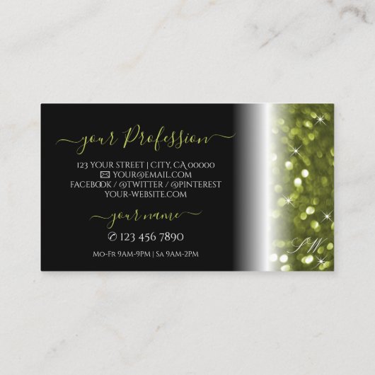 Moderne zwarte groene sparkle Glitter-Initialen Visitekaartje (Achterkant)