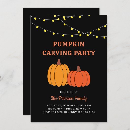 Moderne Zwarte Halloween Pumpkin Carving Party Kaart (Voorkant / Achterkant)