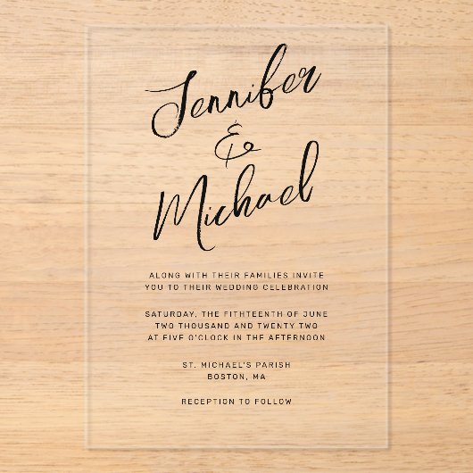 Moderne Zwarte Hand Geletterde Script Wedding Acryl Uitnodigingen (Voorkant)