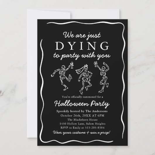 Moderne Zwarte Hand Getrokken Skeletten Halloween Kaart (Voorkant)