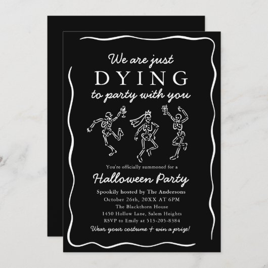 Moderne Zwarte Hand Getrokken Skeletten Halloween Kaart (Voorkant / Achterkant)
