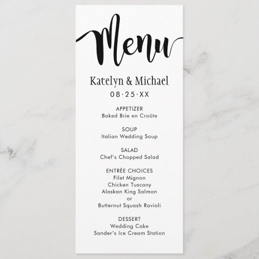 Moderne Zwarte Handgeschreven Script Bruiloft Menu (Voorkant)