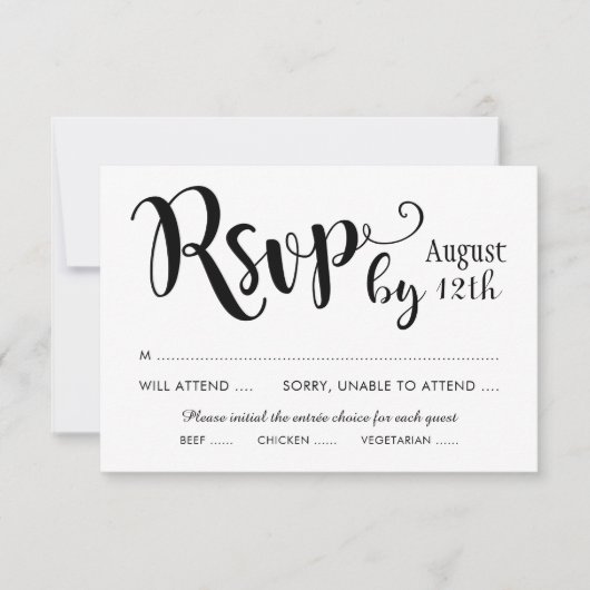 Moderne Zwarte Handgeschreven Scriptie Bruiloft RSVP Kaartje (Voorkant)