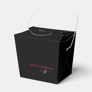 Moderne Zwarte Heet Roze Eenvoudige Script Monogra Bedankdoosjes