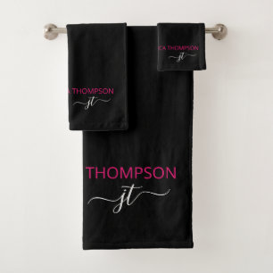 Moderne zwarte hotroze eenvoudige scriptmonogram bad handdoek
