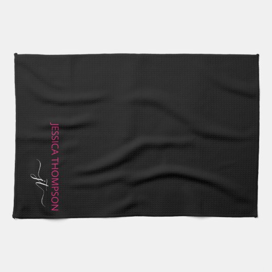 Moderne zwarte hotroze eenvoudige scriptmonogram theedoek (Horizontaal)