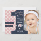 Moderne zwarte inktbord Roze Dot First Birthday Kaart (Voorkant)