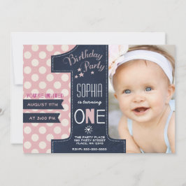 Moderne zwarte inktbord Roze Dot First Birthday Kaart