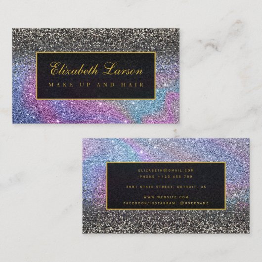Moderne zwarte iriserende glitter schoonheid make- visitekaartje (Voorkant / Achterkant)