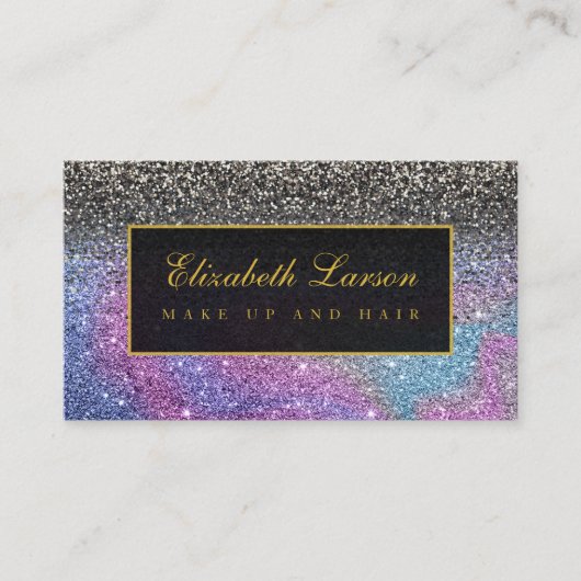Moderne zwarte iriserende glitter schoonheid make- visitekaartje (Voorkant)