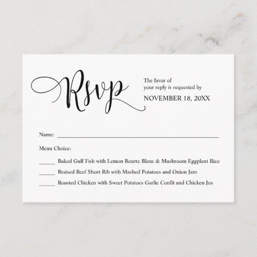 Moderne zwarte kalligrafie, bruiloft RSVP Informatiekaartje (Voorkant)