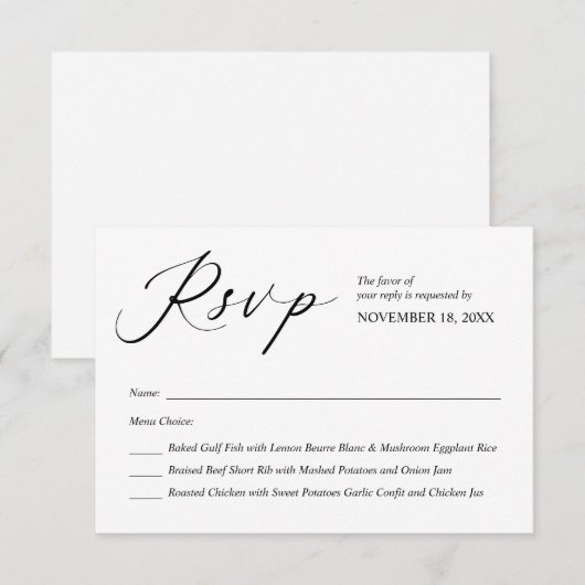 Moderne zwarte kalligrafie, bruiloft RSVP Informatiekaartje (Voorkant / Achterkant)