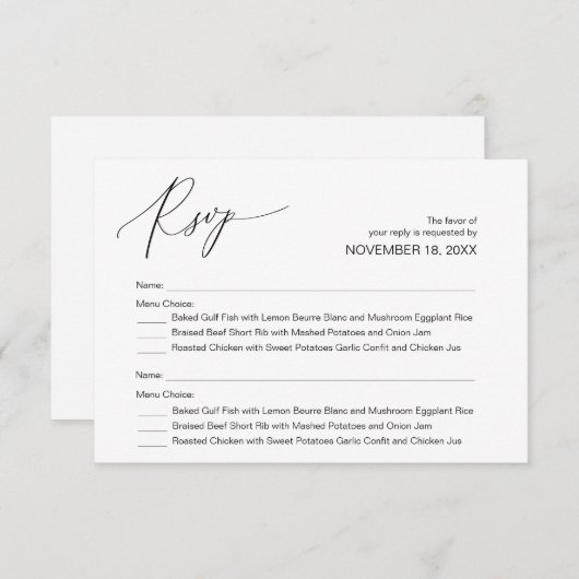 Moderne zwarte kalligrafie, bruiloft RSVP Informatiekaartje (Voorkant / Achterkant)