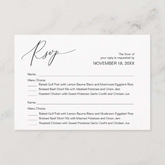 Moderne zwarte kalligrafie, bruiloft RSVP Informatiekaartje (Voorkant)