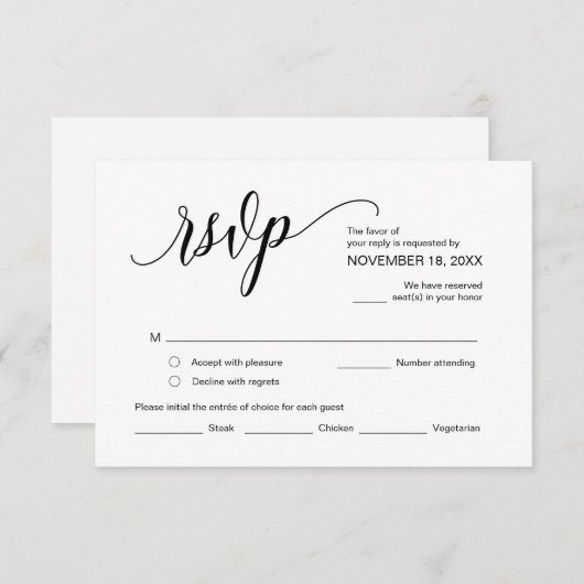 Moderne zwarte kalligrafie, bruiloft RSVP Informatiekaartje (Voorkant / Achterkant)