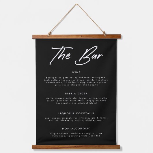 Moderne zwarte kalligrafie Drinken Bindbalkmenu Hangend Wandkleed (Voorkant)