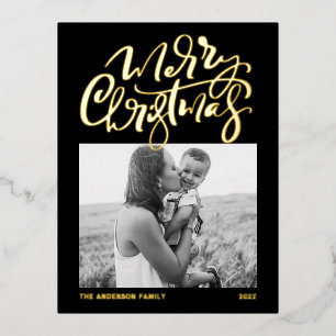Moderne zwarte kalligrafie kerstfoto folie feestdagen briefkaart