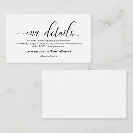 Moderne zwarte kalligrafie, onze details verbreken informatiekaartje (Voorkant / Achterkant)