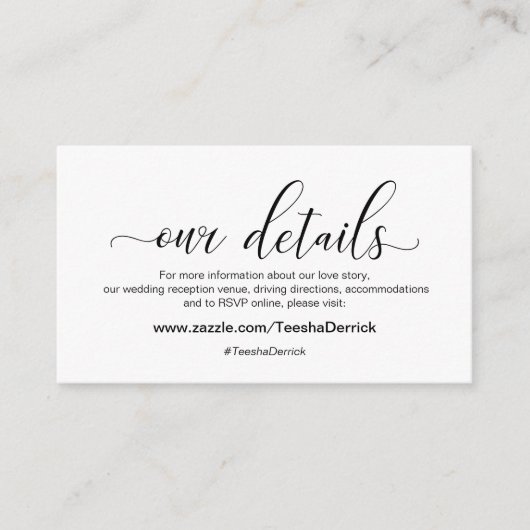 Moderne zwarte kalligrafie, onze details verbreken informatiekaartje (Voorkant)