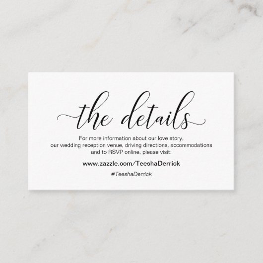 Moderne zwarte kalligrafie, onze details, website informatiekaartje (Voorkant)
